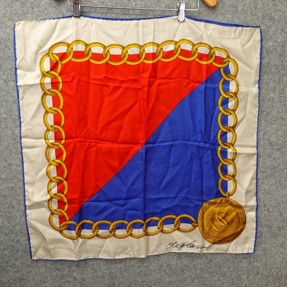 Vintage Oleg Cassini Silk Square Scarf Red Blue Chain Medallion ITALY 66cm 26x26